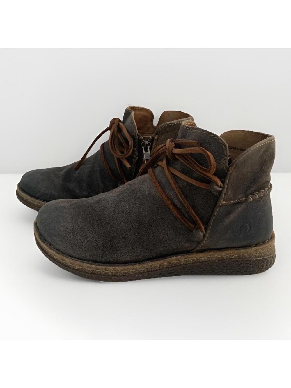 Born Calyn Dark Grey Leather Ankle Bootie Flats Lace Up Women's US 7.5